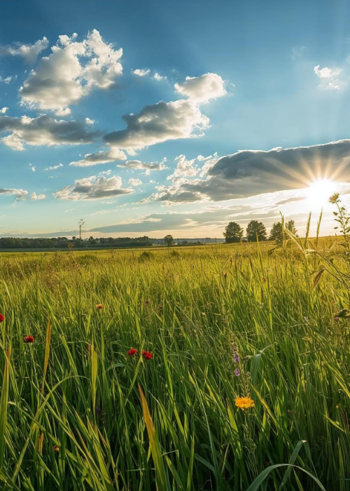 Weites Sommerfeld in Deutschland mit hohen Gräsern und bunten Wildblumen im Vordergrund, die Sonne bricht durch Wolken am Horizont und taucht die Landschaft in warmes Licht.