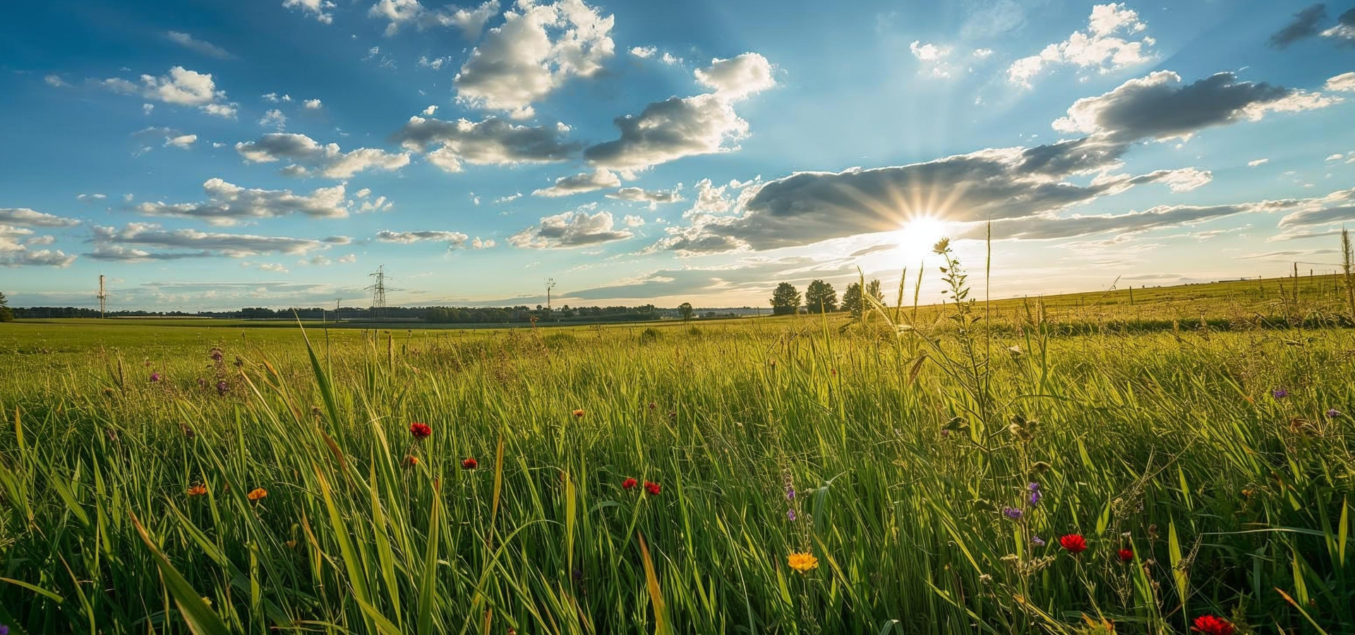 Weites Sommerfeld in Deutschland mit hohen Gräsern und bunten Wildblumen im Vordergrund, die Sonne bricht durch Wolken am Horizont und taucht die Landschaft in warmes Licht.