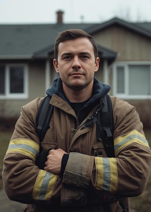 Feuerwehrmann in Einsatzkleidung steht mit verschränkten Armen vor einem Wohnhaus – Symbol für Brandschutz und Sicherheit bei Photovoltaikanlagen