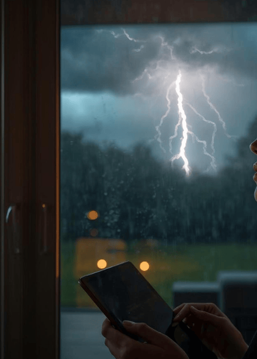 Blitzeinschlag bei Gewitter, vom Haus aus durchs Fenster beobachtet – verdeutlicht Risiken für Photovoltaikanlagen und Stromversorgung.