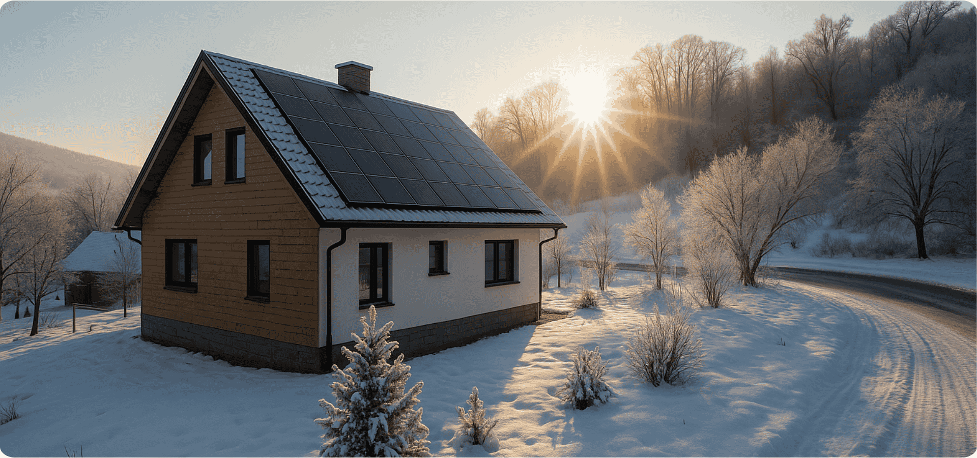 Einfamilienhaus mit Solaranlage auf dem Dach im verschneiten Winter, Sonnenstrahlen am Horizont.