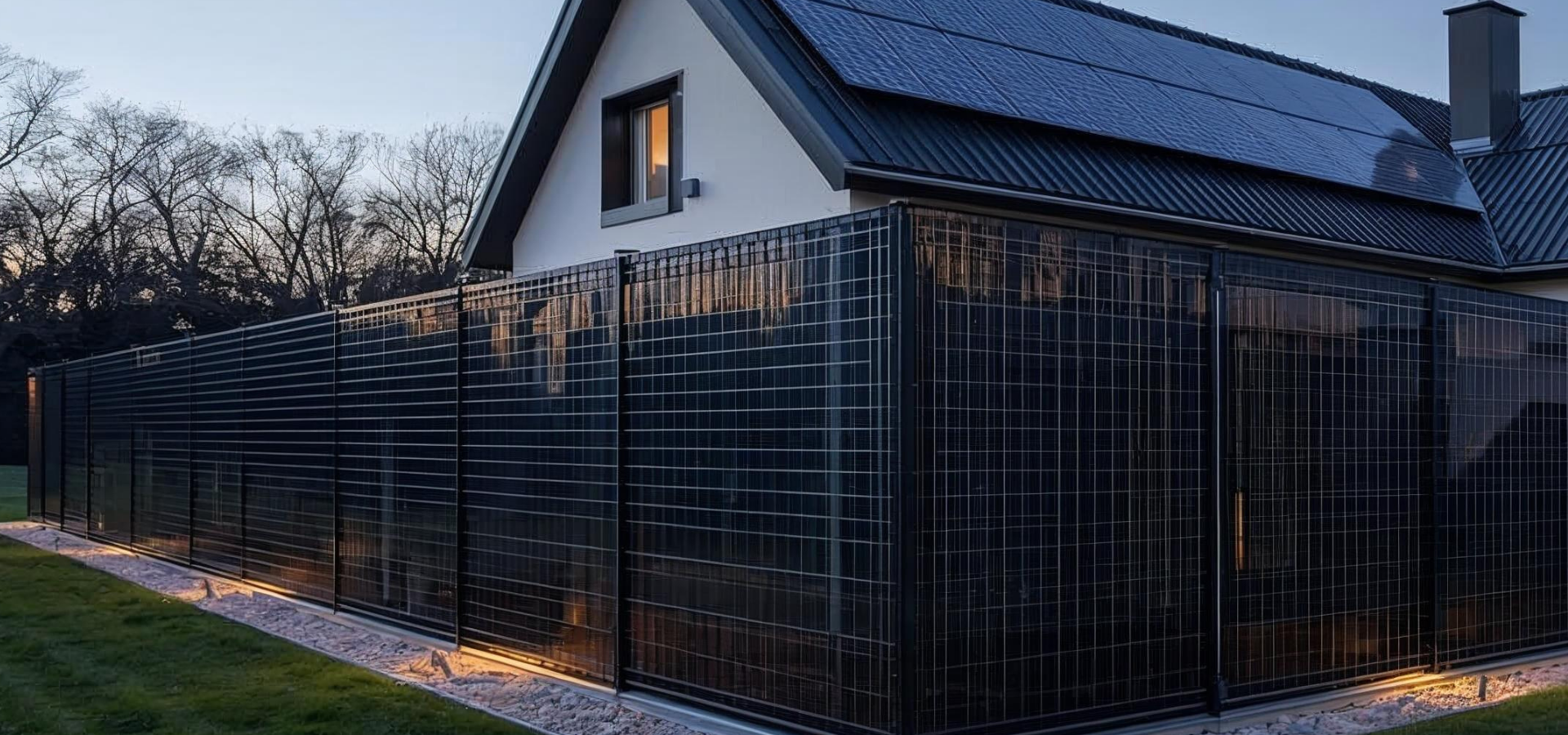Modernes Haus mit Solarmodulen auf dem Dach und zusätzlichem Solarzaun im Garten bei Abenddämmerung