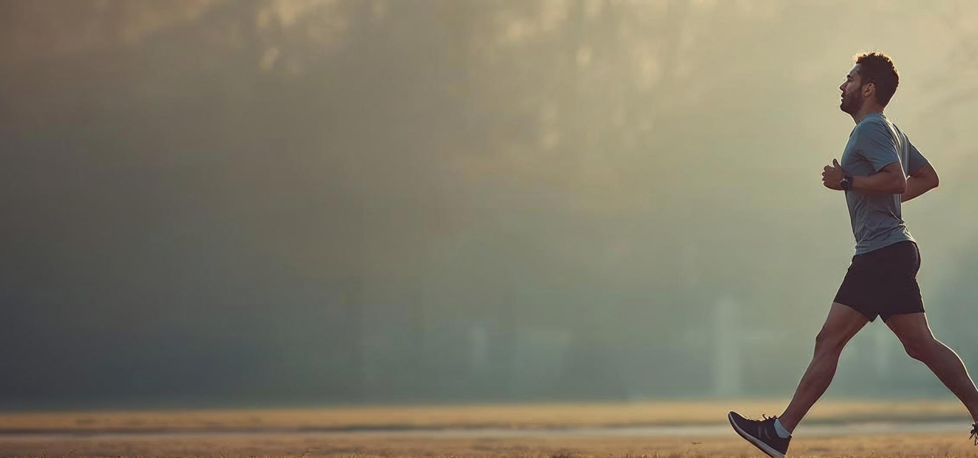 Mann joggt im Freien bei Sonnenaufgang durch einen Park, umgeben von leichter Morgenstimmung und Natur.