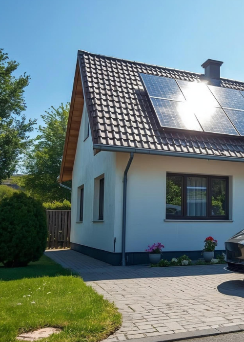 Einfamilienhaus mit schwarzem Satteldach, auf dem mehrere Solarmodule montiert sind, aufgenommen an einem sonnigen Tag.