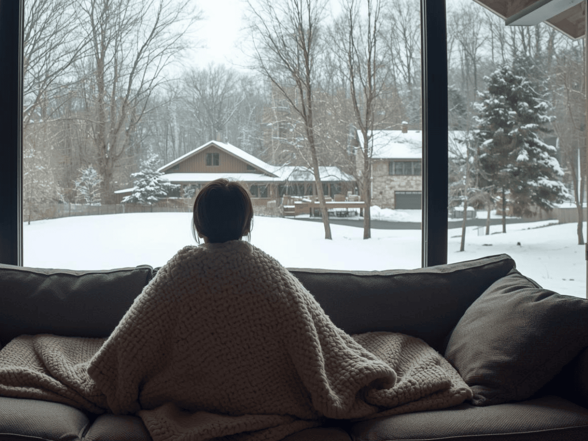 Mädchen mit Decke auf der Couch sitzend, durch Glasfront auf anderes Haus blickend