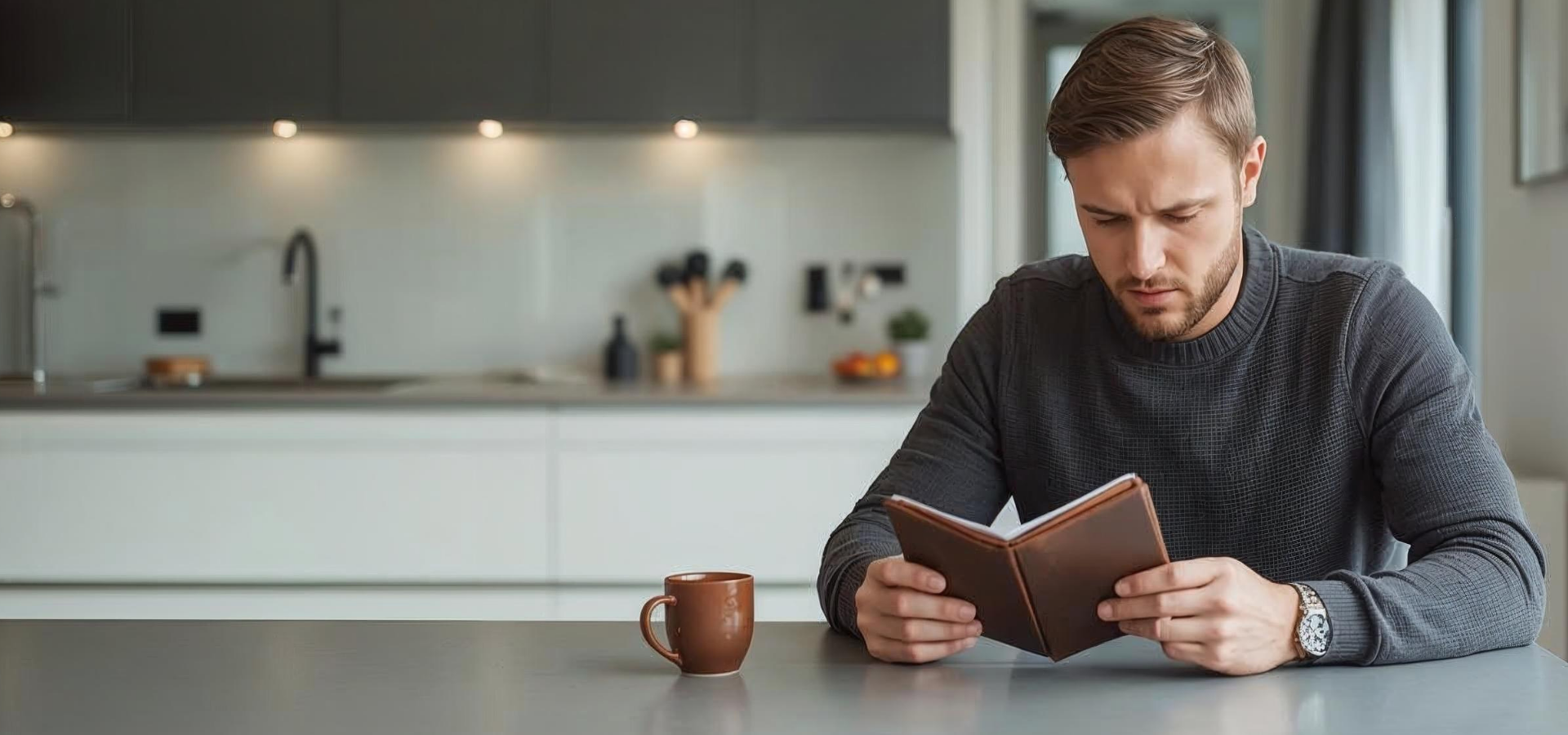 Mann sitzt in moderner Küche am Tisch, liest konzentriert in einem Notizbuch, vor ihm steht eine Kaffeetasse.
