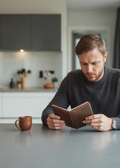 Mann sitzt in moderner Küche am Tisch, liest konzentriert in einem Notizbuch, vor ihm steht eine Kaffeetasse.