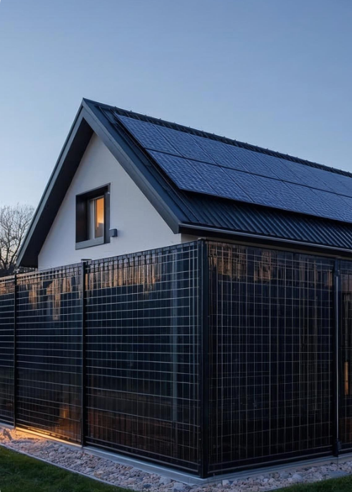 Modernes Haus mit Solarmodulen auf dem Dach und zusätzlichem Solarzaun im Garten bei Abenddämmerung
