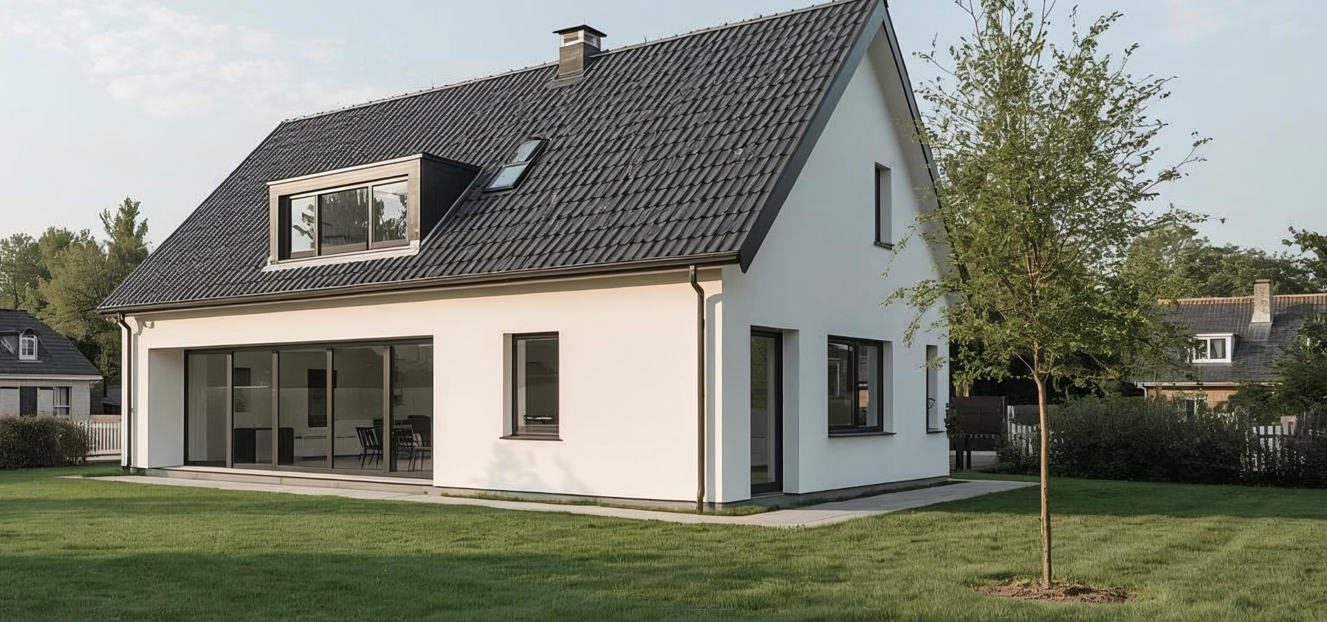 Modernes Einfamilienhaus mit großem Garten und dunklem Satteldach, aufgenommen an einem sonnigen Tag.