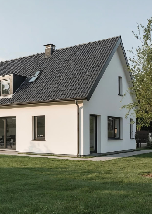 Modernes Einfamilienhaus mit großem Garten und dunklem Satteldach, aufgenommen an einem sonnigen Tag.