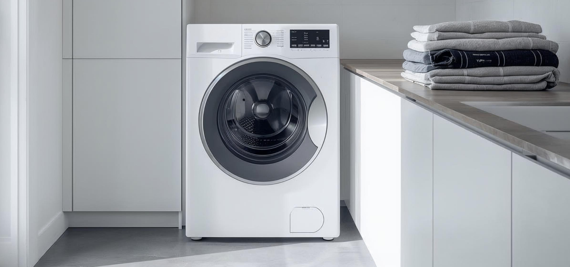 Moderne Frontlader-Waschmaschine in einer hellen Waschküche, daneben ein Stapel gefalteter Handtücher auf der Arbeitsfläche.