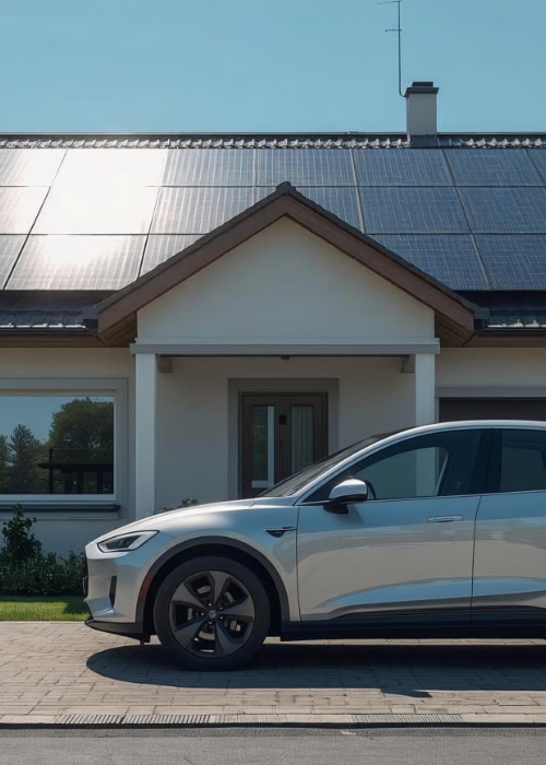 Modernes Einfamilienhaus mit Solaranlage auf dem Dach, davor steht ein geparktes Elektroauto in der Einfahrt.