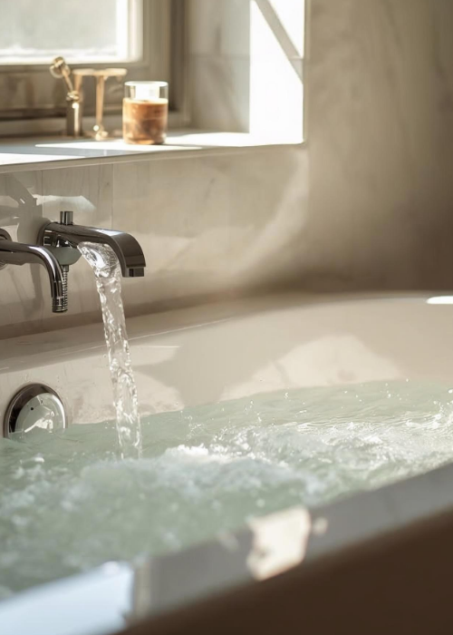 Nahaufnahme einer Badewanne, die mit Wasser gefüllt wird. Warmes Licht fällt durch ein Fenster auf die glänzende Armatur und das sprudelnde Wasser.