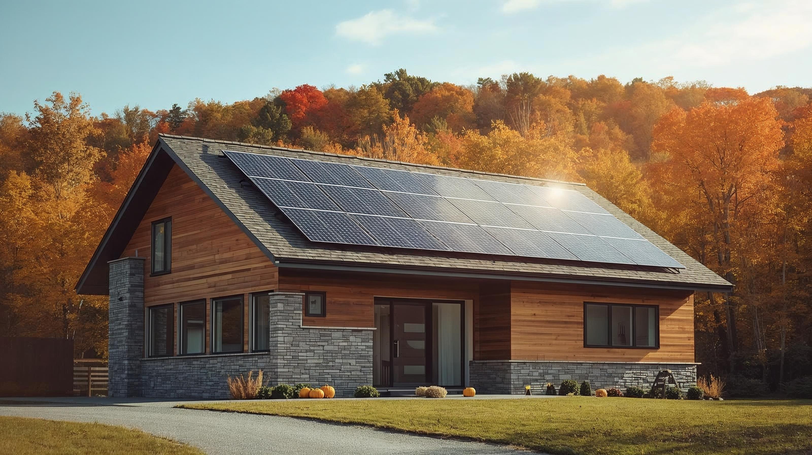 Modernes Einfamilienhaus mit Photovoltaikanlage auf dem Dach in herbstlicher Landschaft – nachhaltige Stromerzeugung durch Solarenergie im Eigenheim