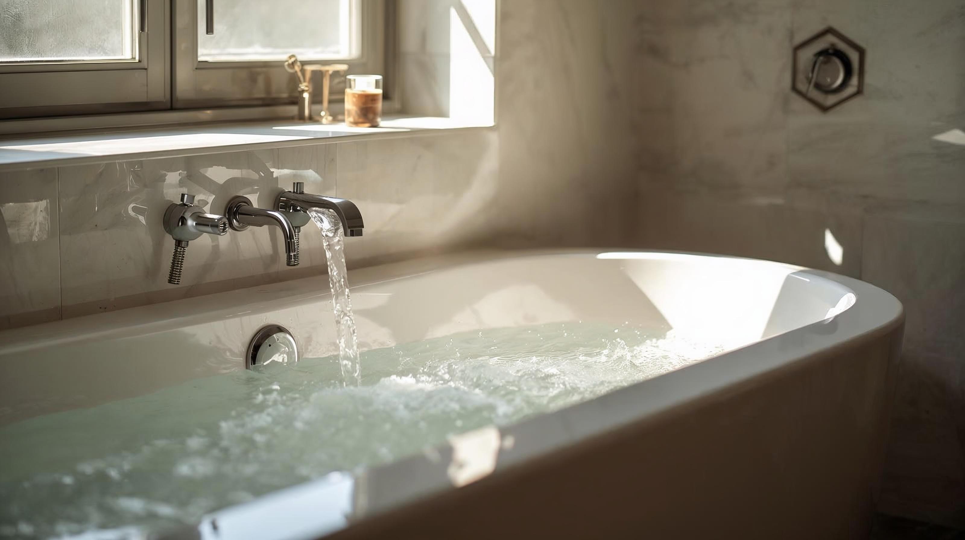 Nahaufnahme einer Badewanne, die mit Wasser gefüllt wird. Warmes Licht fällt durch ein Fenster auf die glänzende Armatur und das sprudelnde Wasser.