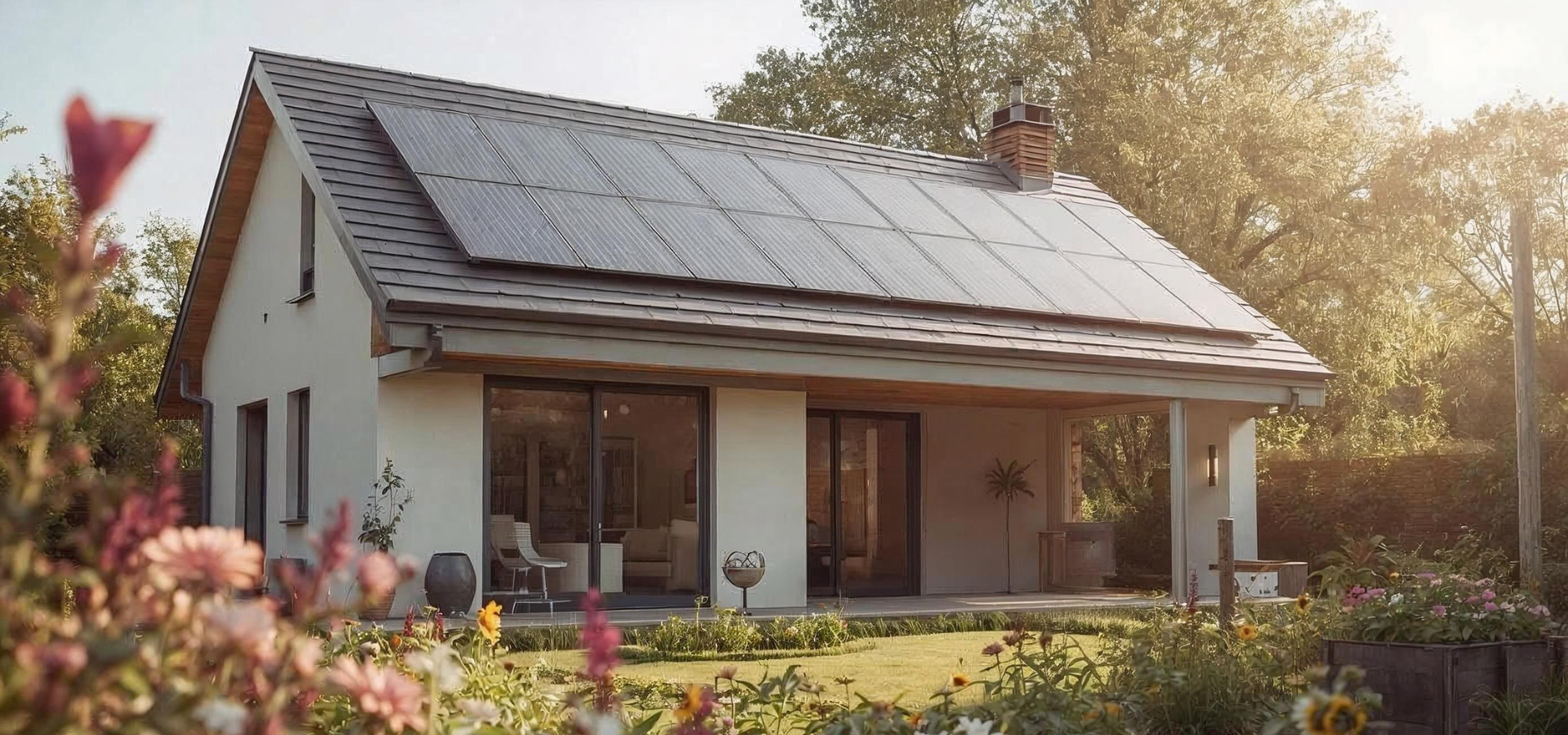 Modernes Wohnhaus mit vollintegrierter Solardachanlage, großer überdachter Terrasse und blühendem Garten, eingefangen im warmen Licht eines sonnigen Spätnachmittags – Symbol für nachhaltiges Bauen und energieeffizientes Wohnen.