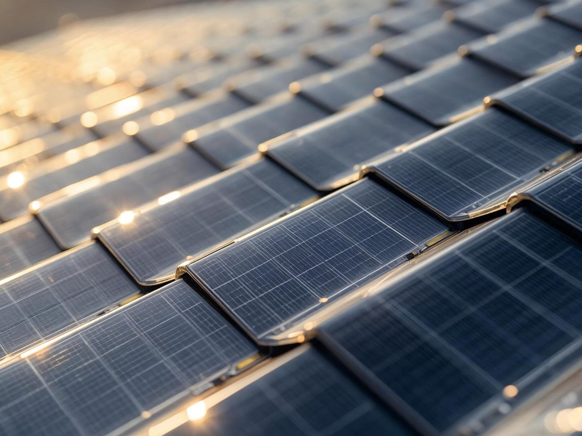 Beispielbild von Hochleistungs-Solarzellen als Dacheindeckung, die Sonnenlicht effizient nutzen und die Zukunft der Solarenergie darstellen.