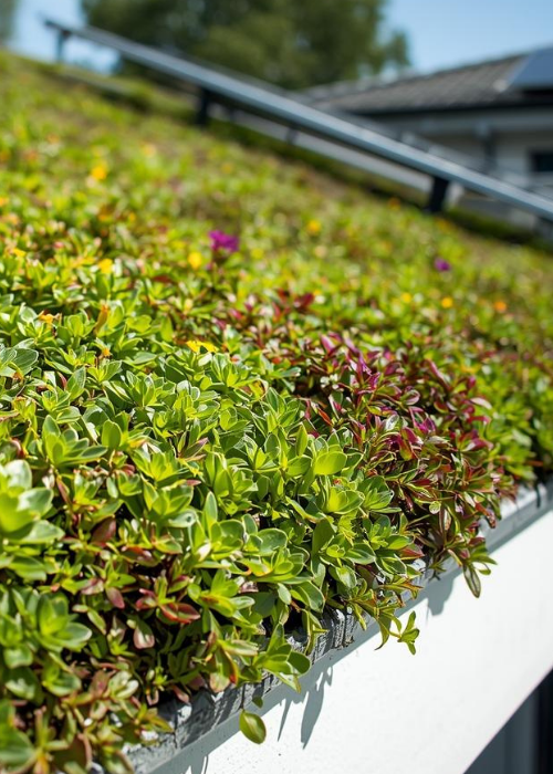 „Begrüntes Dach mit dichtem Pflanzenbewuchs als nachhaltige Dachlösung an einem Wohngebäude“