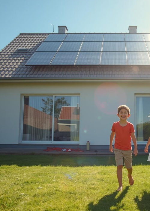 Kinder vor einem Einfamilienhaus mit PV-Anlage