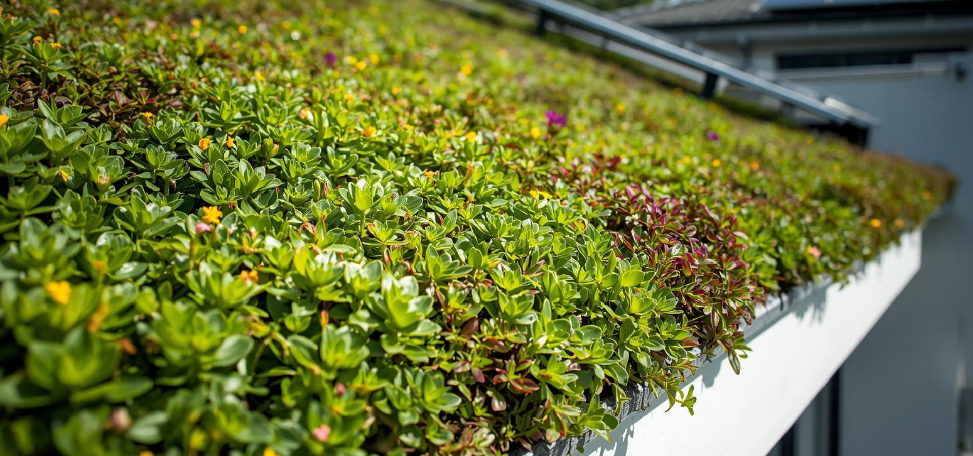 „Begrüntes Dach mit dichtem Pflanzenbewuchs als nachhaltige Dachlösung an einem Wohngebäude“