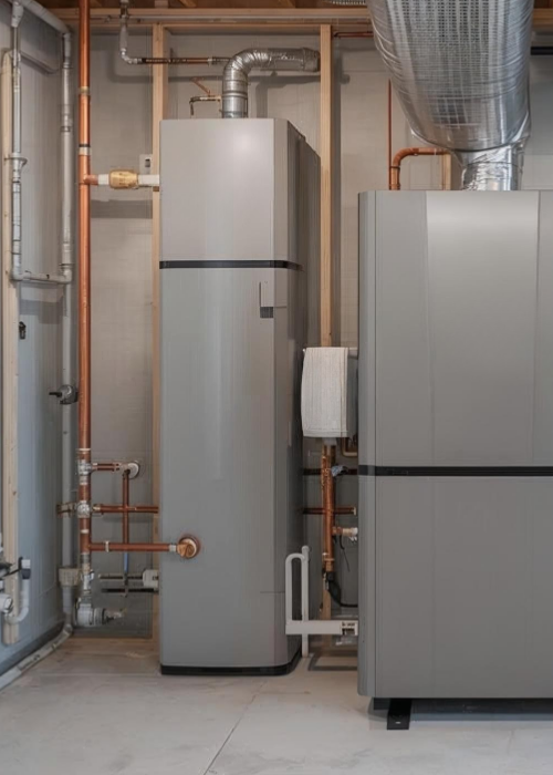 Technikraum eines Hauses mit moderner Heiztechnik: Zwei große graue Geräte (vermutlich Wärmepumpe und Warmwasserspeicher) stehen nebeneinander, verbunden mit Kupferrohren und silbernen Lüftungskanälen. Die Installation ist offen in einem Holzständerwerk sichtbar, rechts ein Fenster, links eine Tür. Sauber, ordentlich und technisch hochwertig ausgeführt.