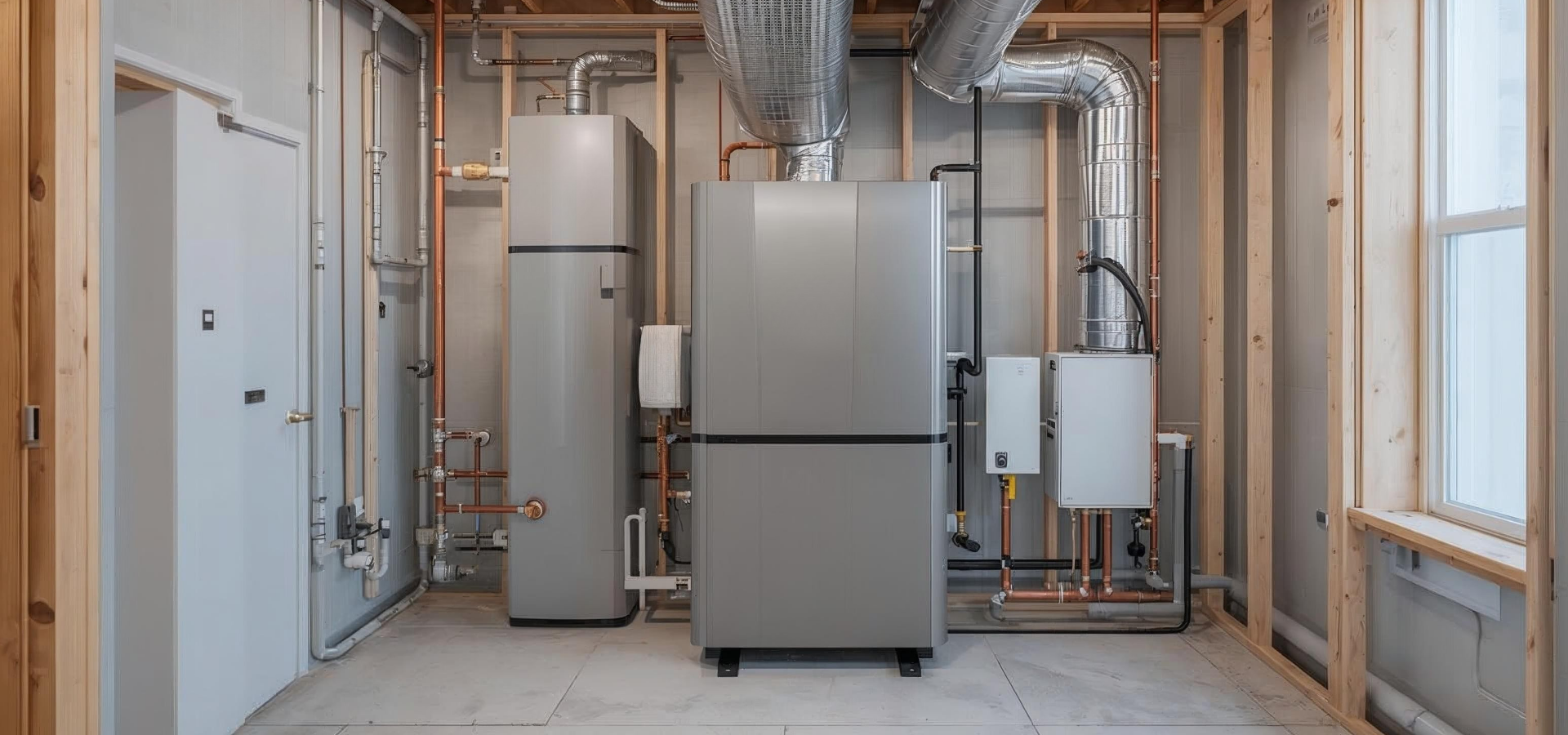 Technikraum eines Hauses mit moderner Heiztechnik: Zwei große graue Geräte (vermutlich Wärmepumpe und Warmwasserspeicher) stehen nebeneinander, verbunden mit Kupferrohren und silbernen Lüftungskanälen. Die Installation ist offen in einem Holzständerwerk sichtbar, rechts ein Fenster, links eine Tür. Sauber, ordentlich und technisch hochwertig ausgeführt.