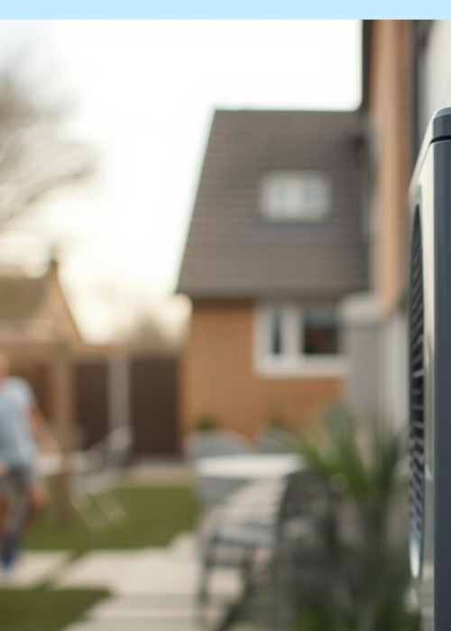 Moderne Wärmepumpe am Wohnhaus mit Familie im Garten – energieeffizient heizen