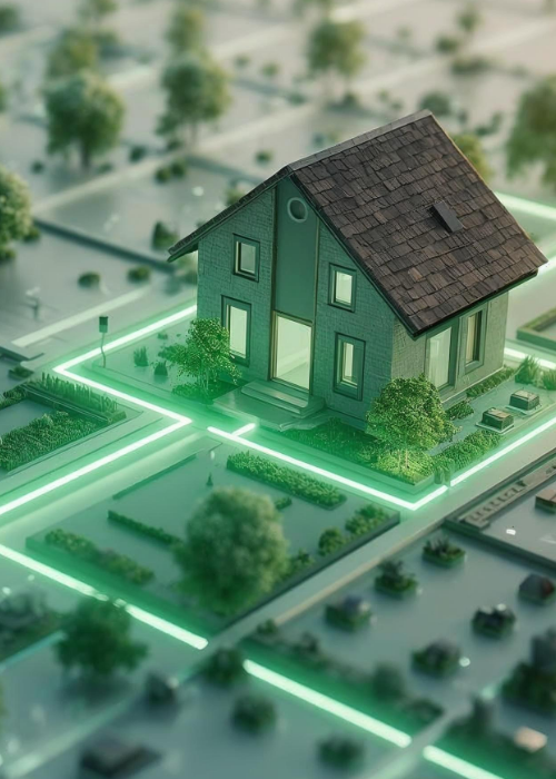 Modernes Einfamilienhaus in einem digitalen Smart Grid Netzwerk mit grüner Energieversorgung und nachhaltiger Strominfrastruktur.