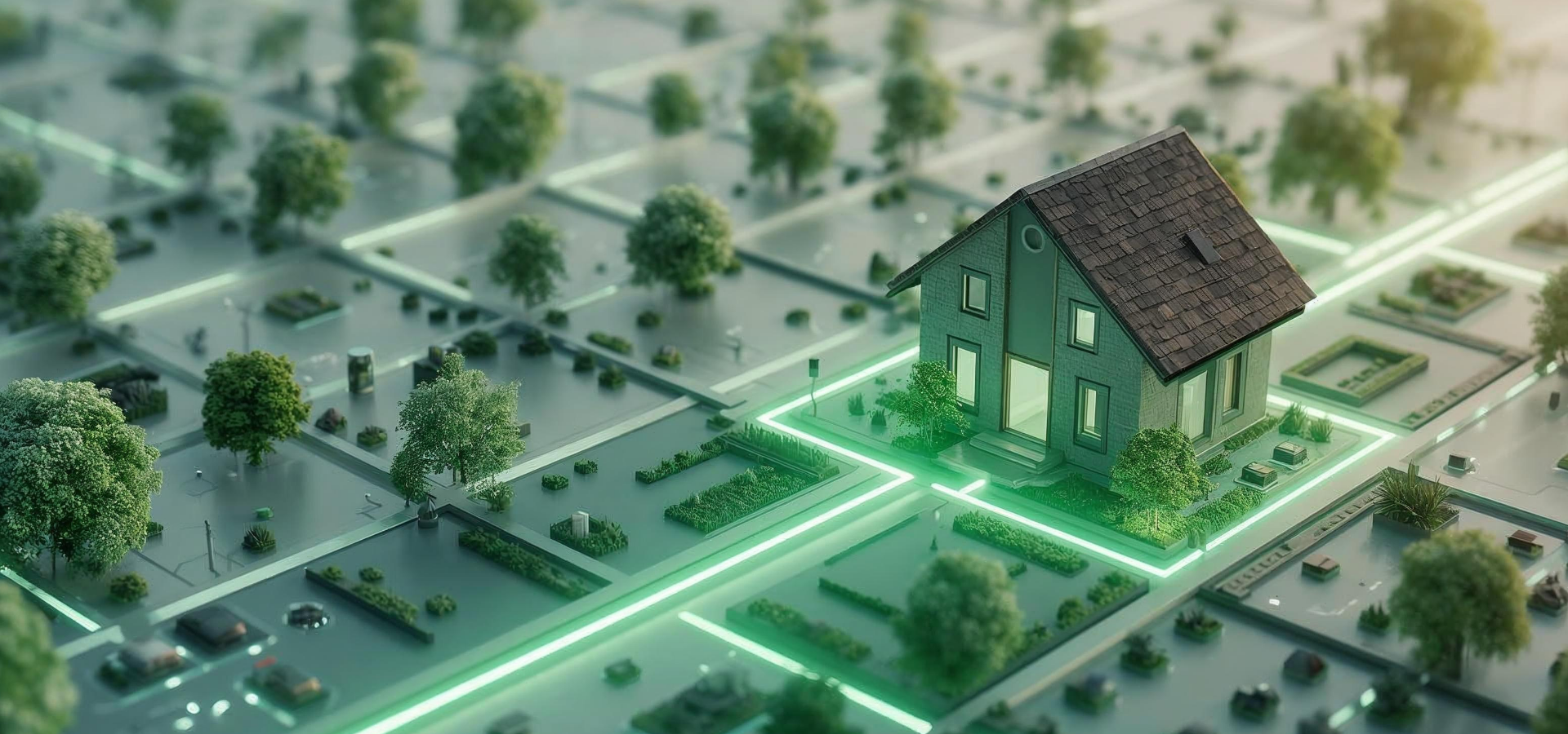Modernes Einfamilienhaus in einem digitalen Smart Grid Netzwerk mit grüner Energieversorgung und nachhaltiger Strominfrastruktur.