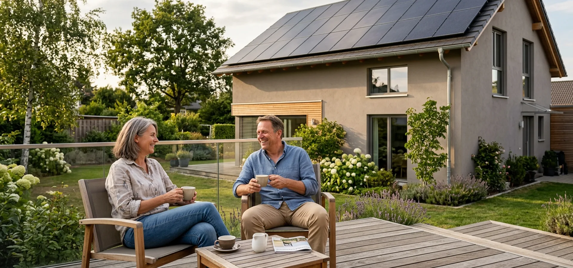 Lächelndes Paar mittleren Alters sitzt bei Kaffee auf der Terrasse vor einem modernen Einfamilienhaus mit Photovoltaikanlage auf dem Dach