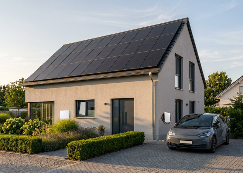 Haus mit Photovoltaikmodulen, Stromspeicher und Wallbox