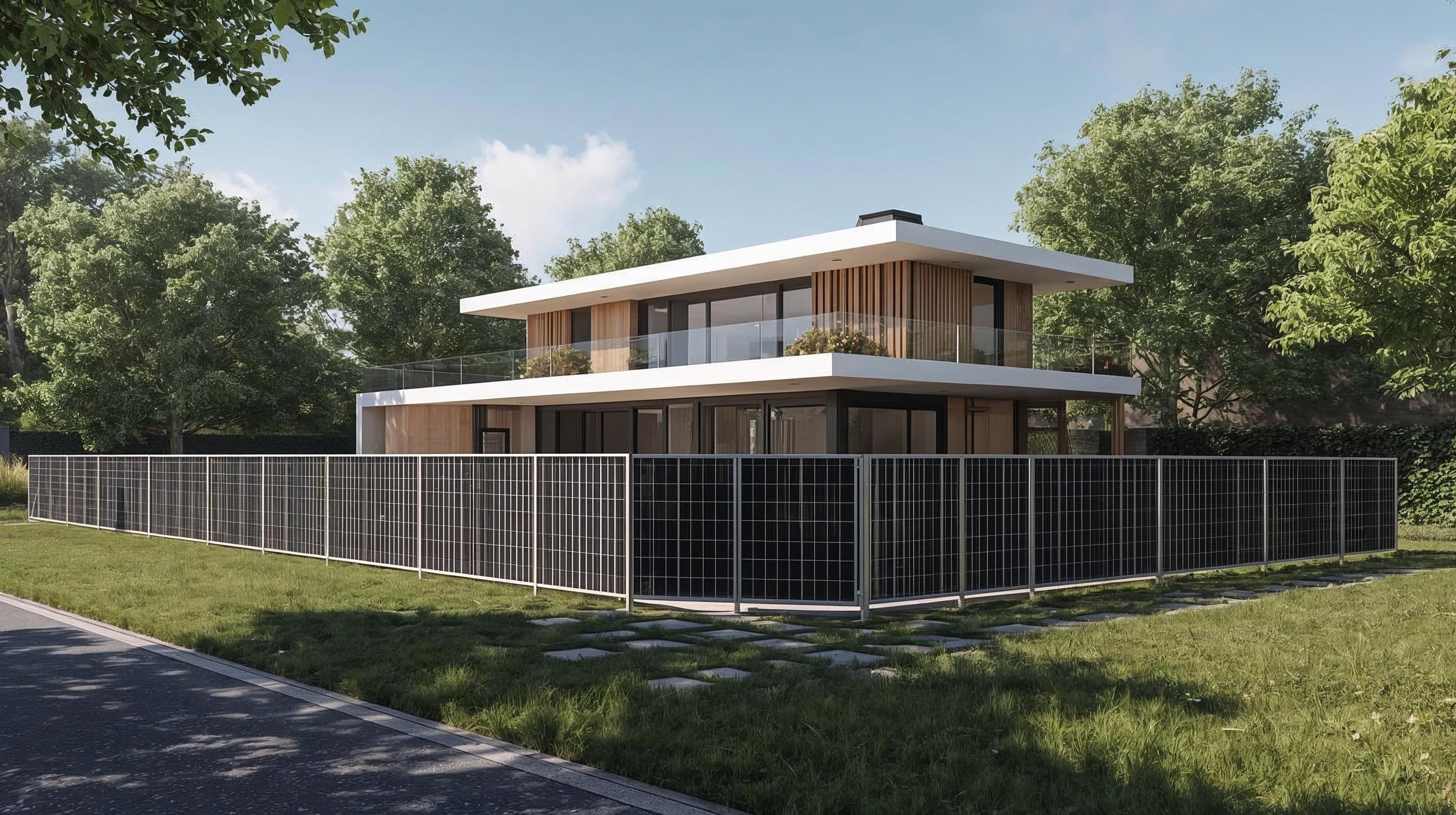 Modernes Einfamilienhaus mit großflächigen Glasfronten und einem Solarzaun aus integrierten Photovoltaikmodulen im Garten.