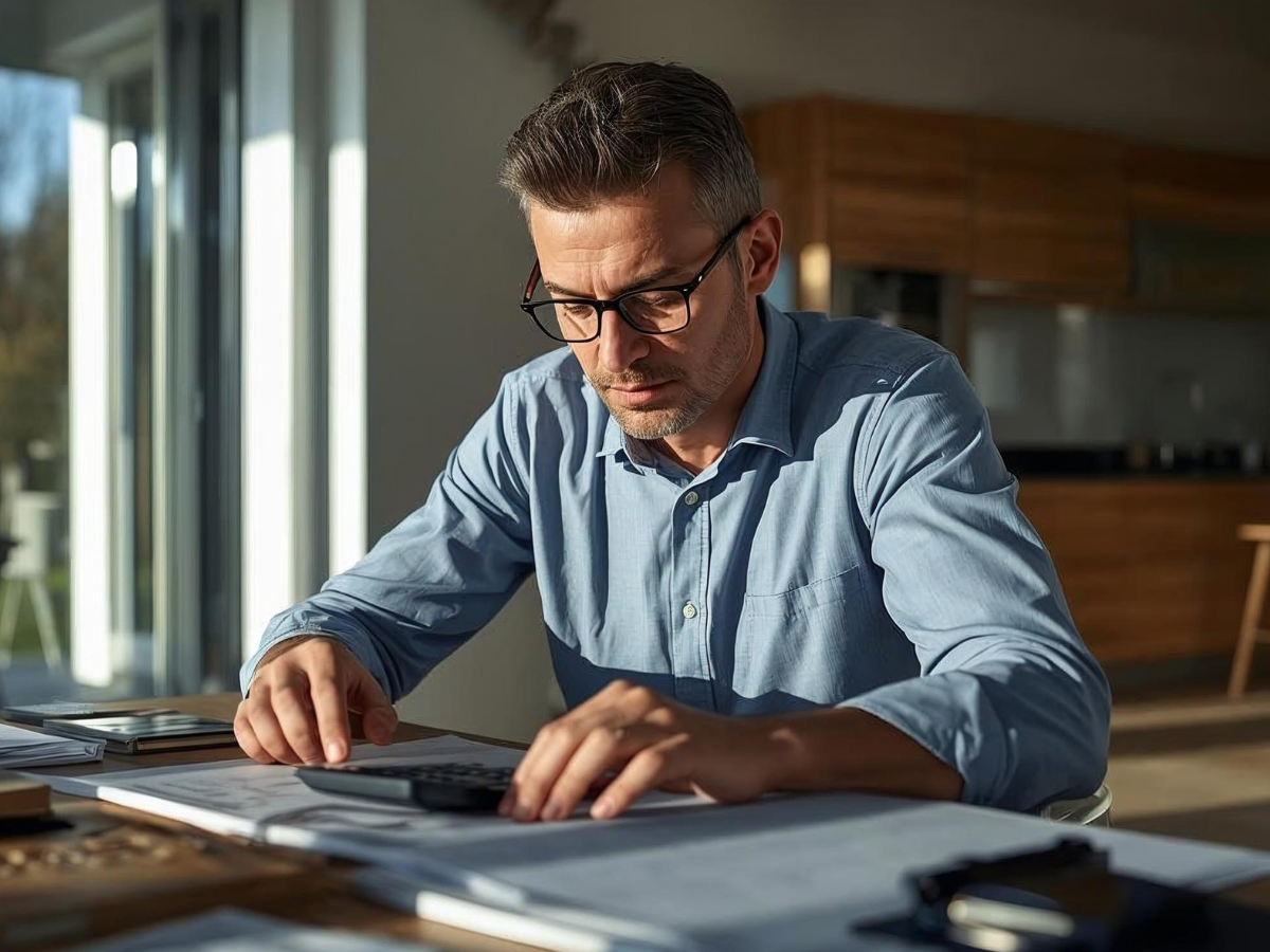 Mann arbeitet konzentriert am Schreibtisch mit Taschenrechner und Dokumenten – Berechnung und Planung einer Photovoltaikanlage im Büro bei Tageslicht