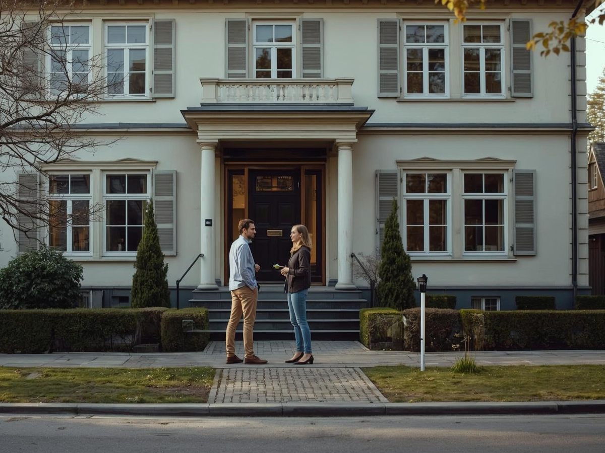 Ein Mann und eine Frau stehen vor einem eleganten Einfamilienhaus und unterhalten sich – symbolisch für persönliche Beratung rund um Photovoltaik und Wärmepumpe sowie Energieeffizienz im Eigenheim.