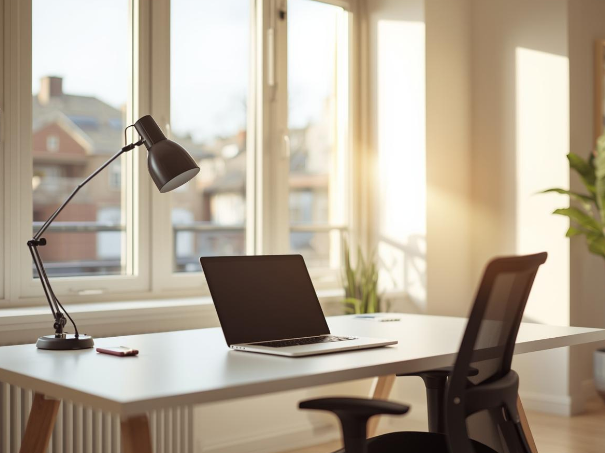 Heller, minimalistischer Arbeitsplatz mit weißem Schreibtisch, Laptop, schwarzer Schreibtischlampe und Bürostuhl vor großen Fenstern mit Tageslicht und Blick auf Wohnhäuser.