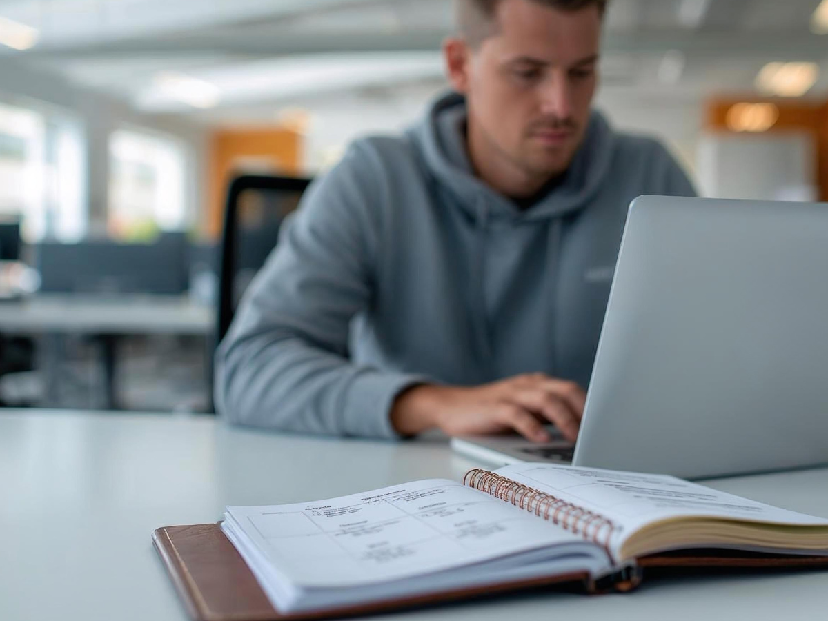Mann sitzt an einem Schreibtisch im Büro und arbeitet an einem Laptop, im Vordergrund liegt ein offenes Notizbuch.