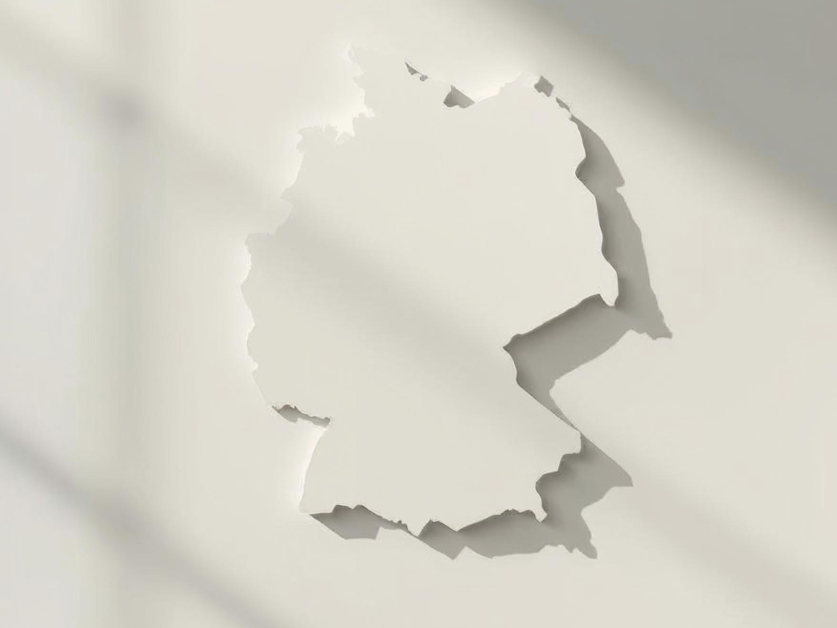 Reliefartige Darstellung der Deutschlandkarte in heller Farbe mit Schattenwurf auf neutralem Hintergrund.