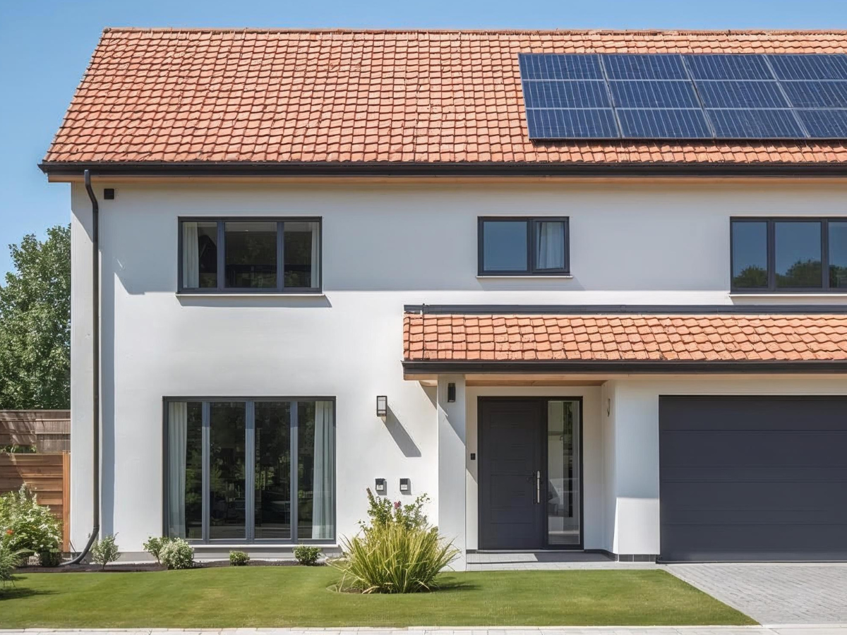 Modernes Einfamilienhaus mit rotem Ziegeldach, weißer Fassade und integrierter Photovoltaikanlage auf dem Dach. Vor dem Haus befindet sich ein gepflegter Rasen mit Sträuchern.