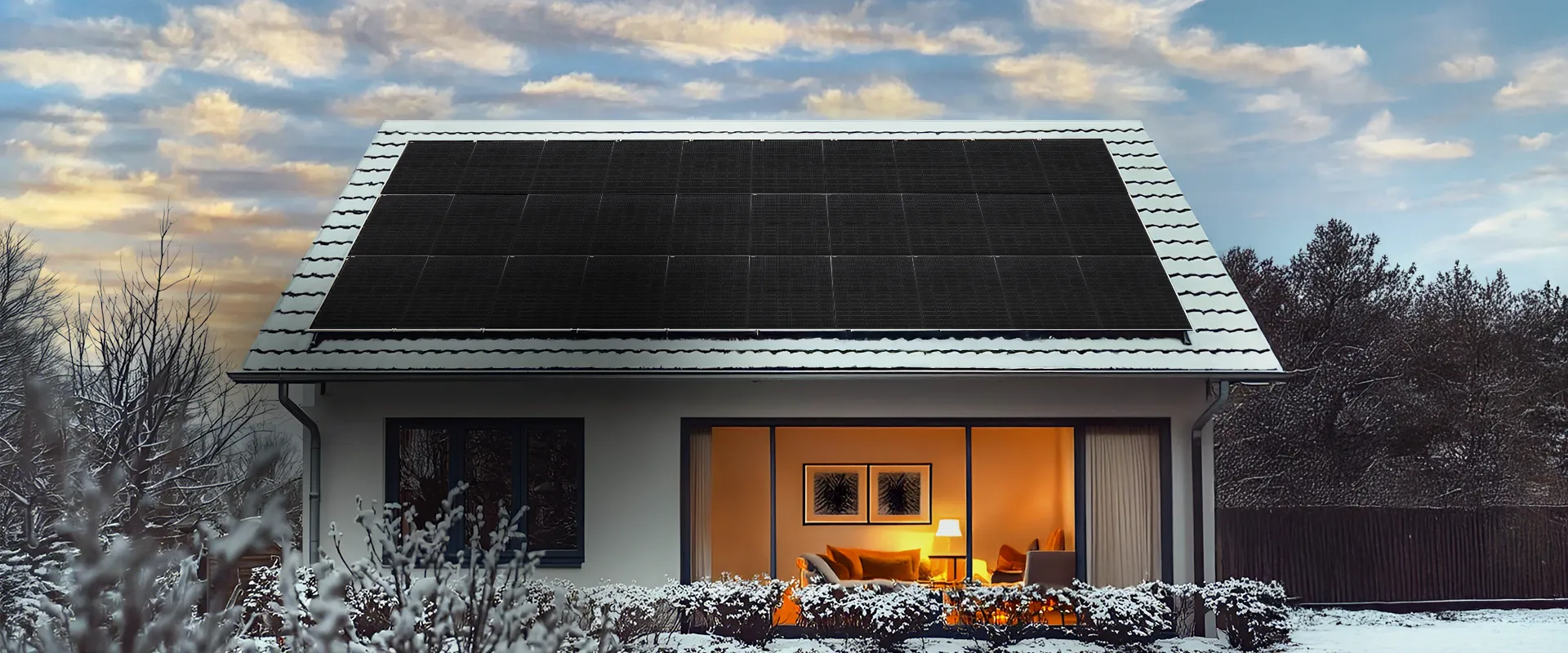 Einfamilienhaus mit PV-Modulen auf dem Dach im Winter.